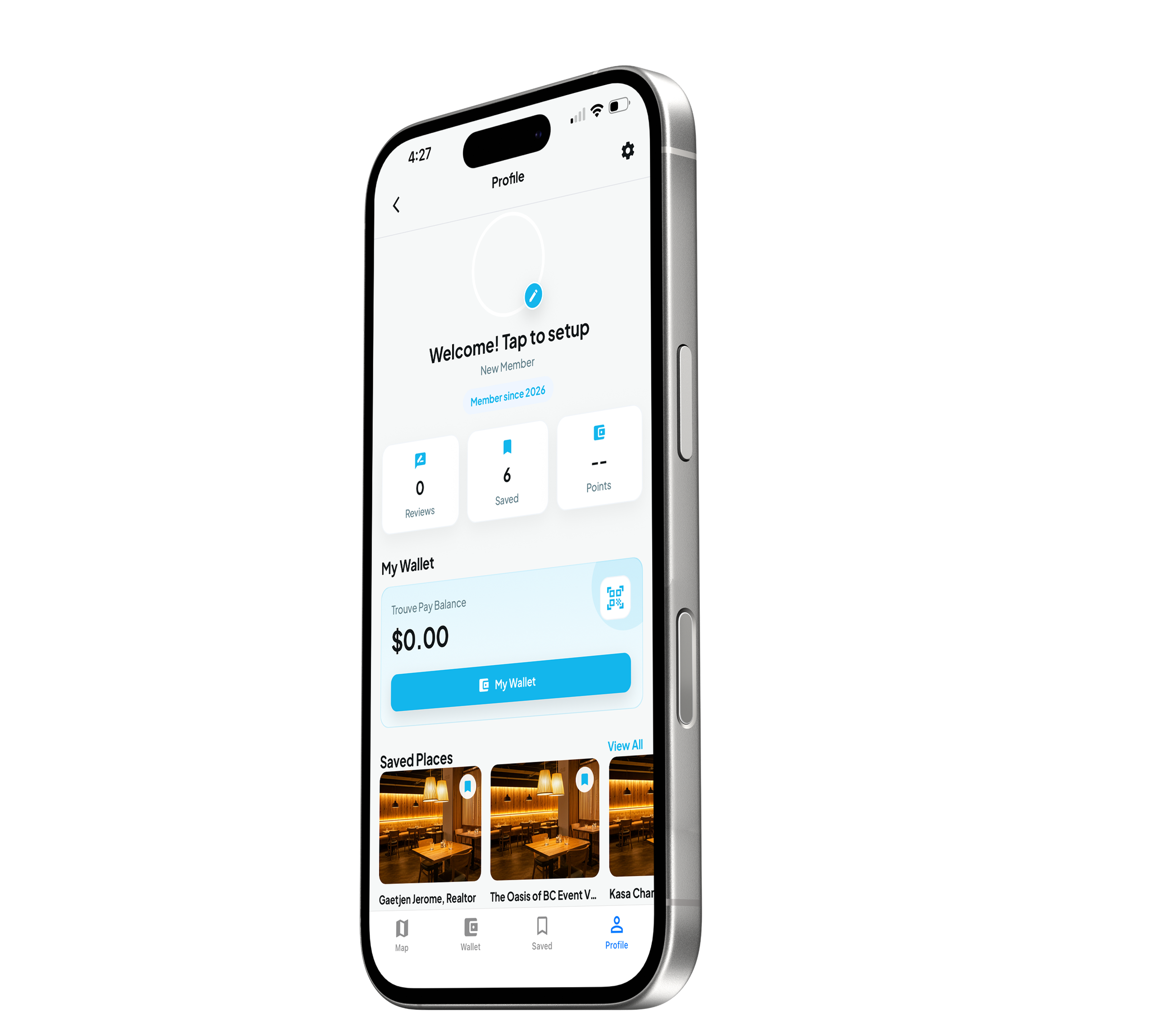 Twouve profile hub showing wallet and saved places
