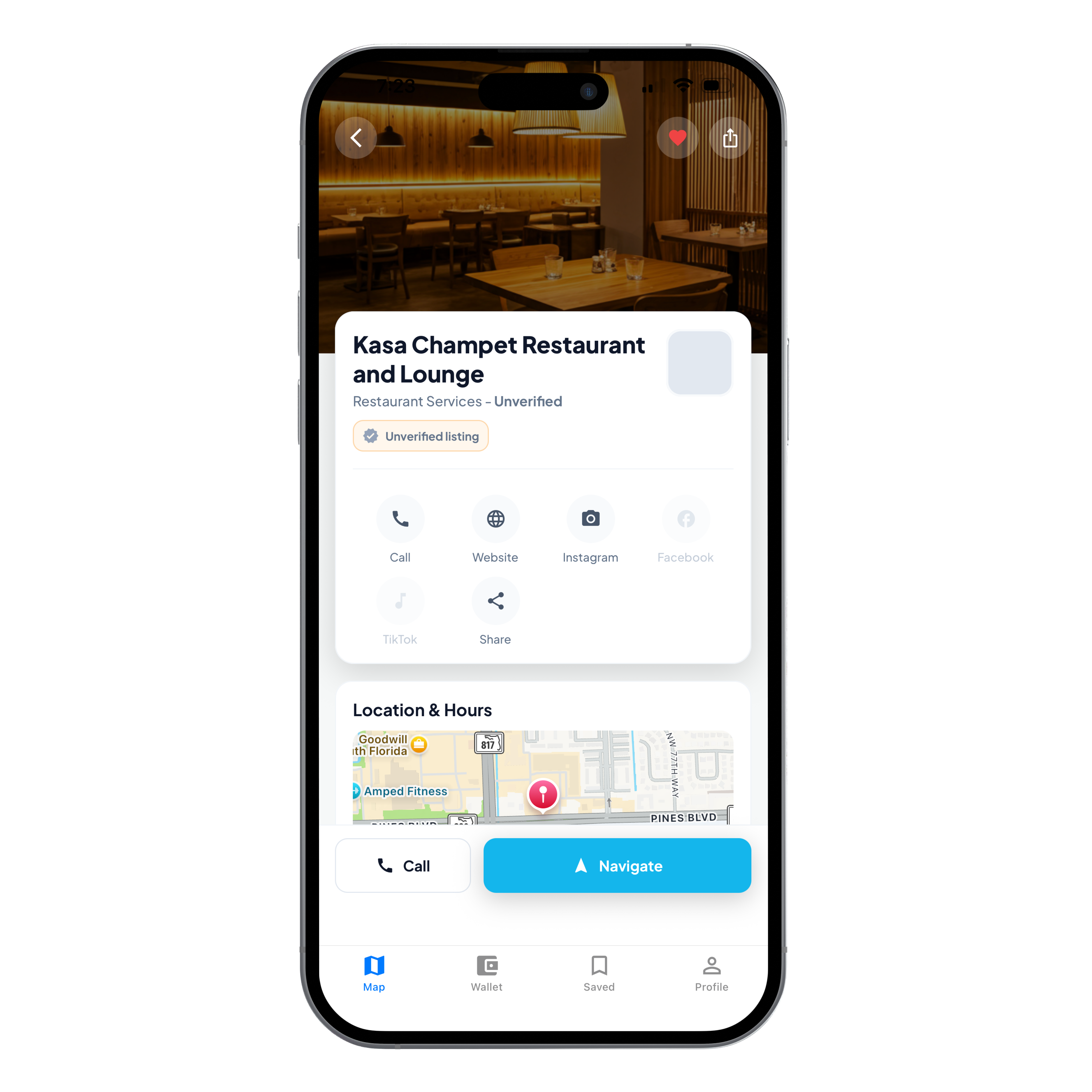 Business detail — contact, hours and location